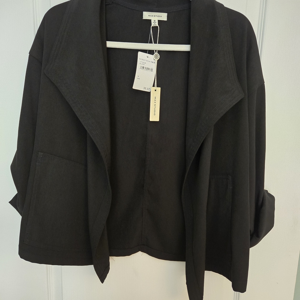 Max Studio Black Open-Front Draped Jacket - Picture 2 of 4